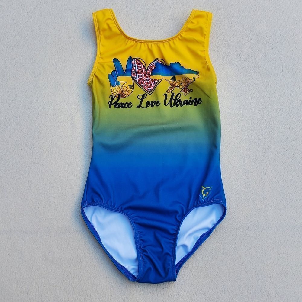 Shining Star Sportswear Peace Love Ukraine Yellow and Blue Ombre Leotard Size CL